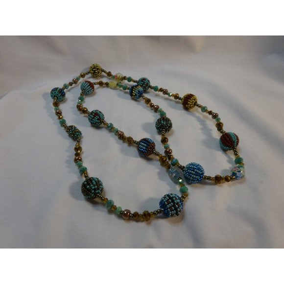 Seed Bead Ball & Murano Wedding Cake Jade Glass Stunning NECKLACE 40" long - Picture 5 of 11